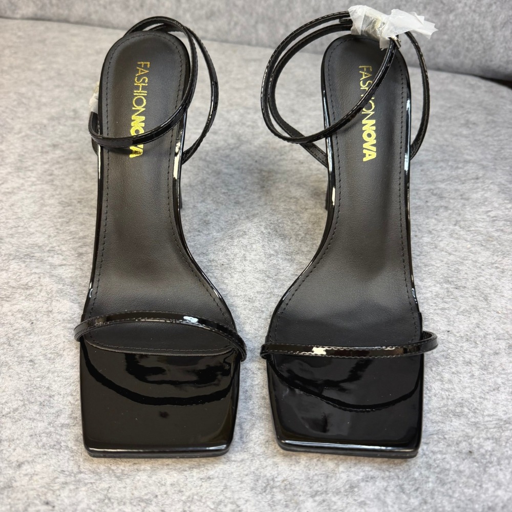 Fashion Nova No Drama Black Patent Square Toe Ankle Strap Stiletto Heels 8.5